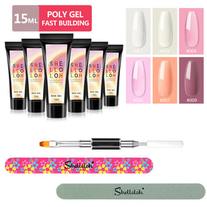 Shelloloh 15ml Poly Gel Set 6 Colors Quick Building Gel Dual-End Nail Brush Nail File Nail Art